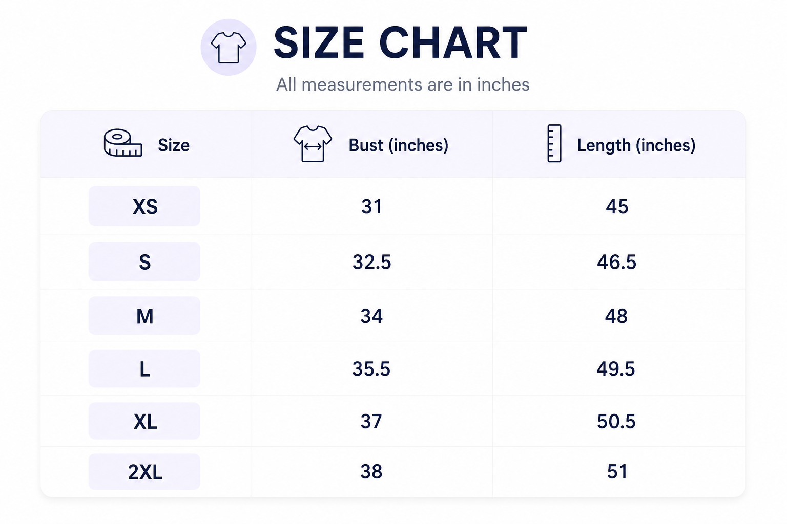 Size chart for Midnight Silk Halter